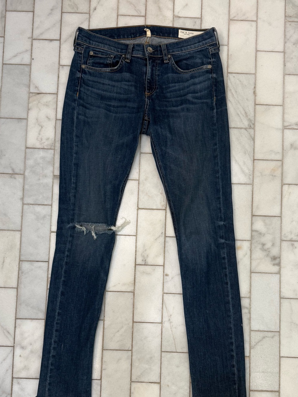 rag & bone Dark Blue Skinny Jeans with Knee Rip
